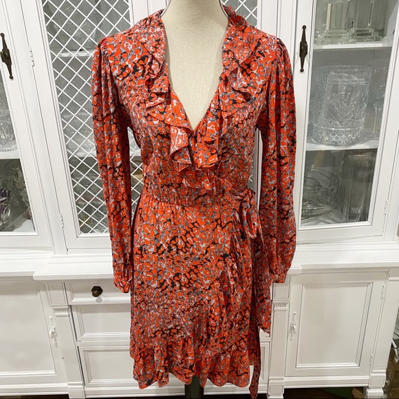 Maje Ruffled Leopard-Print Crepe Wrap Mini Dress - Picture 2 of 12